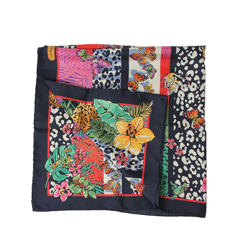 包邮包税】ferragamo 菲拉格慕 黑色动物花卉女士方款丝巾 31-510802